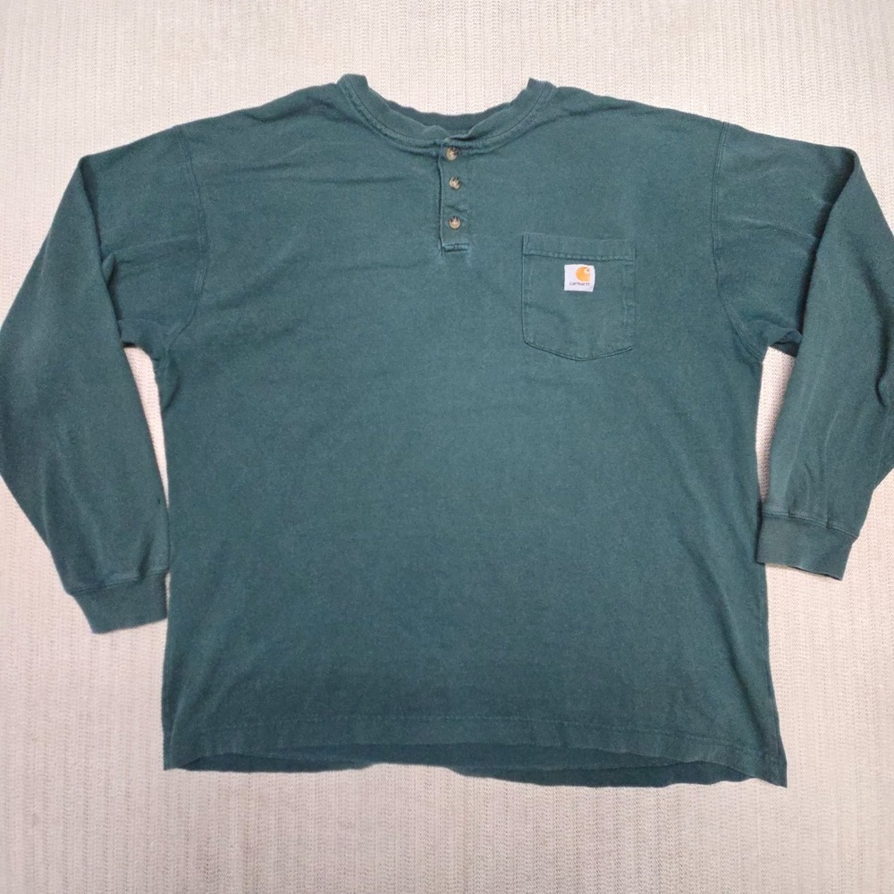 Carhartt Shirt Mens XL Green Long Sleeve Henley Pocket Tee Workwear Loose Fit